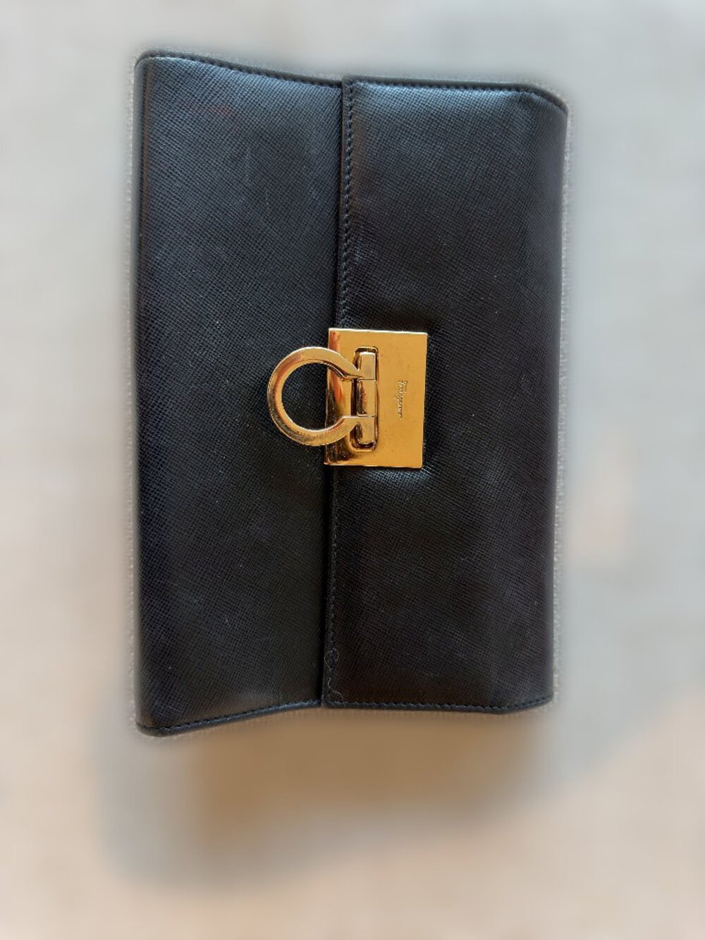Salvatore Ferragamo Gancini Black Saffiano Chain Clutch WOC